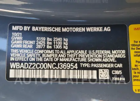 BMW 840I 2022 vin WBADZ2C00NCJ36954 from auto auction Copart