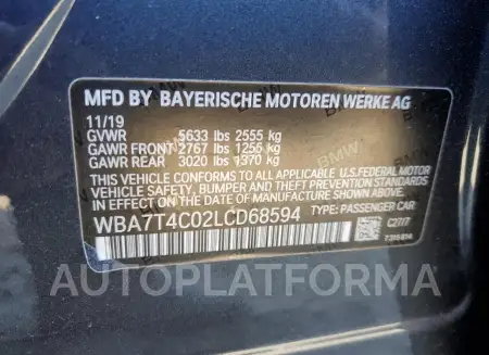 BMW 740 XI 2020 vin WBA7T4C02LCD68594 from auto auction Copart