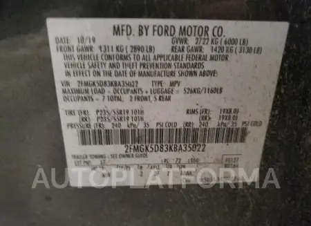 FORD FLEX LIMIT 2019 vin 2FMGK5D83KBA35022 from auto auction Copart