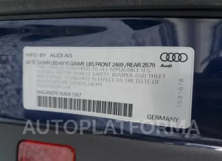 AUDI A5 PREMIUM 2019 vin WAUANCF51KA051267 from auto auction Copart