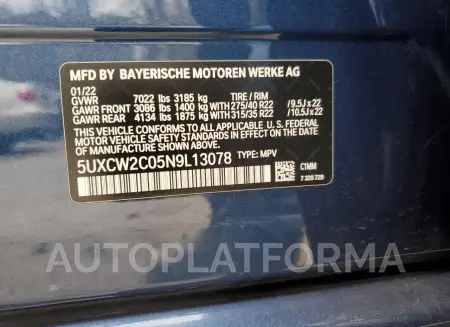 BMW X7 XDRIVE4 2022 vin 5UXCW2C05N9L13078 from auto auction Copart