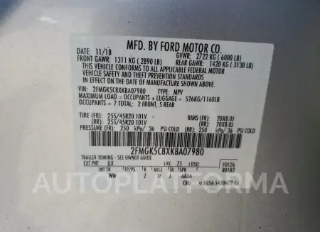 FORD FLEX SEL 2019 vin 2FMGK5C8XKBA07980 from auto auction Copart