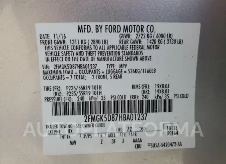 FORD FLEX LIMIT 2017 vin 2FMGK5D87HBA01237 from auto auction Copart