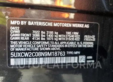 BMW X7 XDRIVE4 2022 vin 5UXCW2C08N9M18763 from auto auction Copart