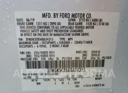 FORD FLEX SEL 2019 vin 2FMGK5C85KBA24315 from auto auction Copart