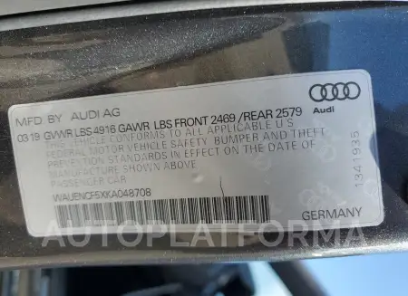 AUDI A5 PREMIUM 2019 vin WAUENCF5XKA048708 from auto auction Copart