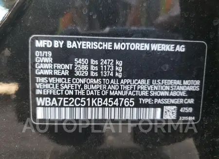 BMW 740 I 2019 vin WBA7E2C51KB454765 from auto auction Copart