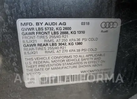 AUDI SQ5 PRESTI 2018 vin WA1C4AFY3J2155517 from auto auction Copart