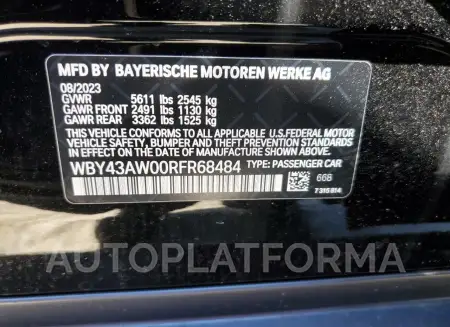 BMW I4 EDRIVE3 2024 vin WBY43AW00RFR68484 from auto auction Copart