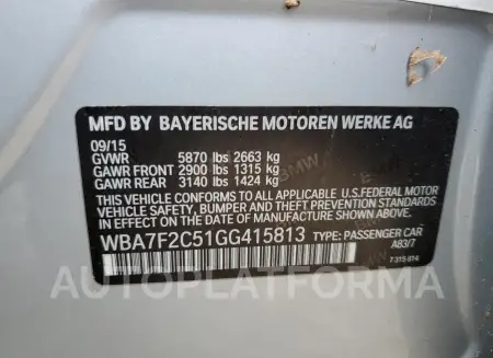 BMW 750 XI 2016 vin WBA7F2C51GG415813 from auto auction Copart