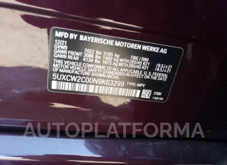 BMW X7 XDRIVE4 2022 vin 5UXCW2C00N9K63299 from auto auction Copart