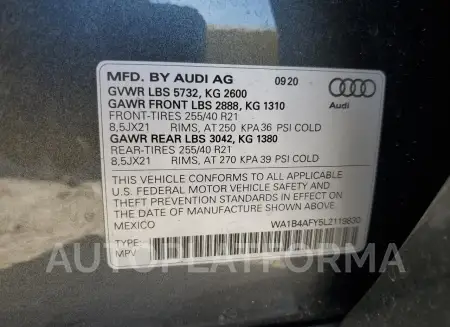 AUDI SQ5 PREMIU 2020 vin WA1B4AFY5L2119830 from auto auction Copart