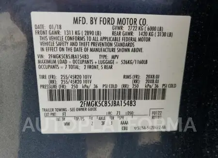 FORD FLEX SEL 2018 vin 2FMGK5C85JBA15483 from auto auction Copart