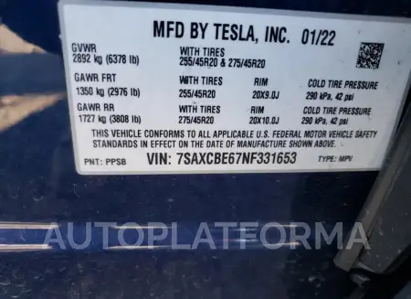 TESLA MODEL X 2022 vin 7SAXCBE67NF331653 from auto auction Copart