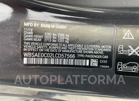 BMW M8 2020 vin WBSAE0C02LCD57566 from auto auction Copart