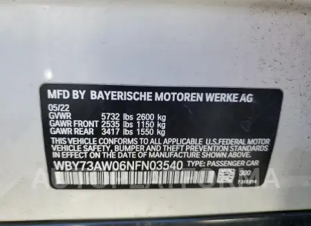 BMW I4 EDRIVE4 2022 vin WBY73AW06NFN03540 from auto auction Copart