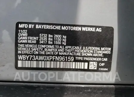 BMW I4 EDRIVE4 2023 vin WBY73AW0XPFN96159 from auto auction Copart