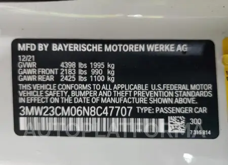 BMW 230I 2022 vin 3MW23CM06N8C47707 from auto auction Copart