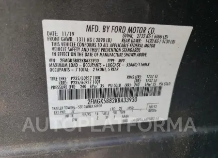 FORD FLEX SE 2019 vin 2FMGK5B82KBA33930 from auto auction Copart