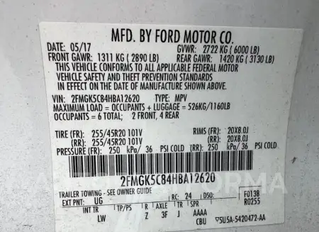 FORD FLEX SEL 2017 vin 2FMGK5C84HBA12620 from auto auction Copart