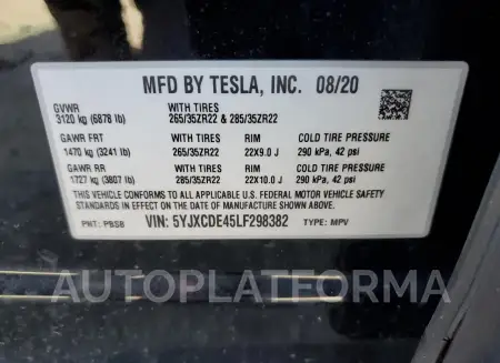 TESLA MODEL X 2020 vin 5YJXCDE45LF298382 from auto auction Copart