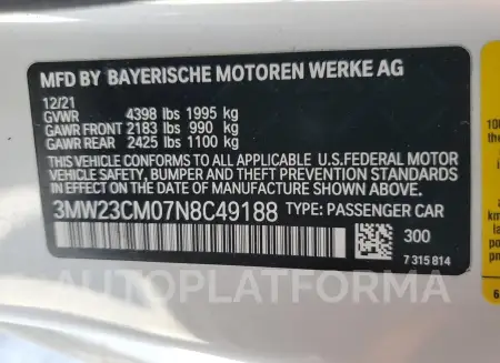 BMW 230I 2022 vin 3MW23CM07N8C49188 from auto auction Copart