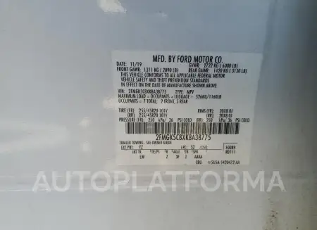 FORD FLEX SEL 2019 vin 2FMGK5C8XKBA38775 from auto auction Copart