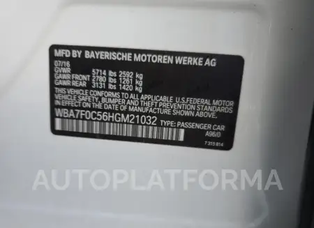 BMW 750 I 2017 vin WBA7F0C56HGM21032 from auto auction Copart