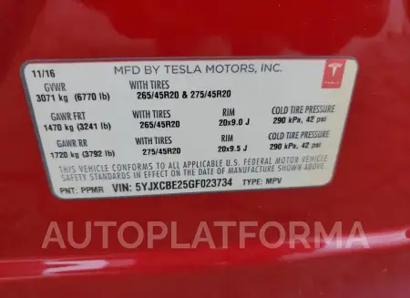 TESLA MODEL X 2016 vin 5YJXCBE25GF023734 from auto auction Copart