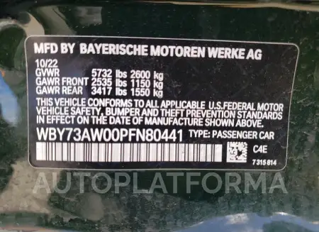 BMW I4 EDRIVE4 2023 vin WBY73AW00PFN80441 from auto auction Copart