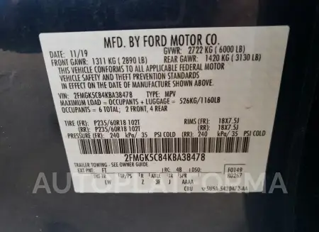 FORD FLEX SEL 2019 vin 2FMGK5C84KBA38478 from auto auction Copart