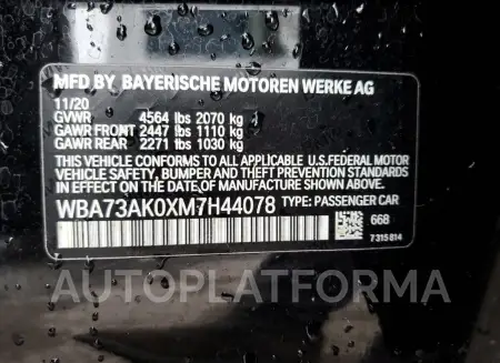 BMW 228XI 2021 vin WBA73AK0XM7H44078 from auto auction Copart