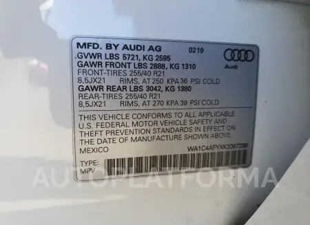 AUDI SQ5 PRESTI 2019 vin WA1C4AFYXK2067288 from auto auction Copart