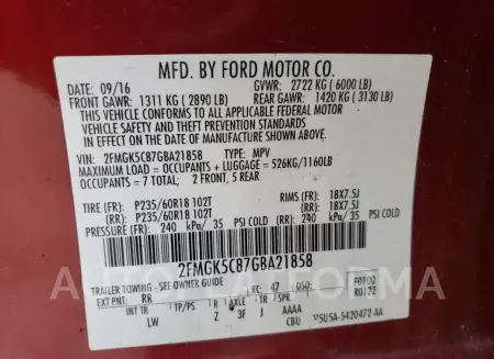 FORD FLEX SEL 2016 vin 2FMGK5C87GBA21858 from auto auction Copart