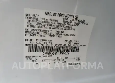 FORD FLEX LIMIT 2017 vin 2FMGK5D8XHBA05072 from auto auction Copart