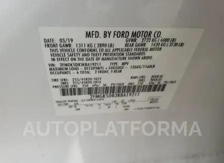 FORD FLEX LIMIT 2019 vin 2FMGK5D83KBA19211 from auto auction Copart