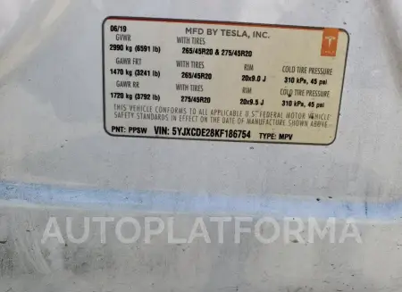 TESLA MODEL X 2019 vin 5YJXCDE28KF186754 from auto auction Copart