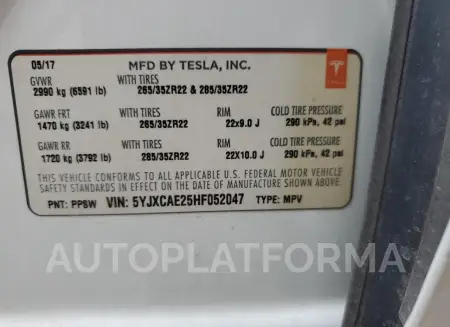 TESLA MODEL X 2017 vin 5YJXCAE25HF052047 from auto auction Copart