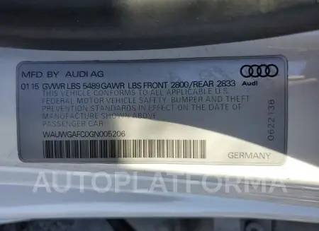 AUDI A7 PREMIUM 2016 vin WAUWGAFC0GN005206 from auto auction Copart