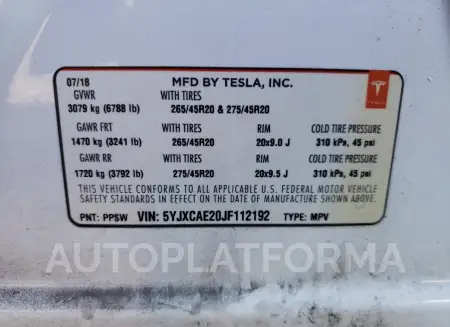 TESLA MODEL X 2018 vin 5YJXCAE20JF112192 from auto auction Copart