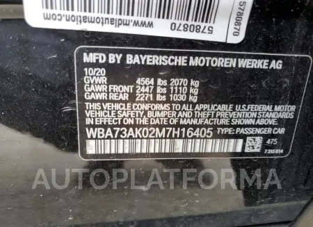 BMW 228XI 2021 vin WBA73AK02M7H16405 from auto auction Copart