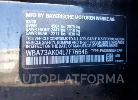 BMW 228XI 2020 vin WBA73AK04L7F76646 from auto auction Copart