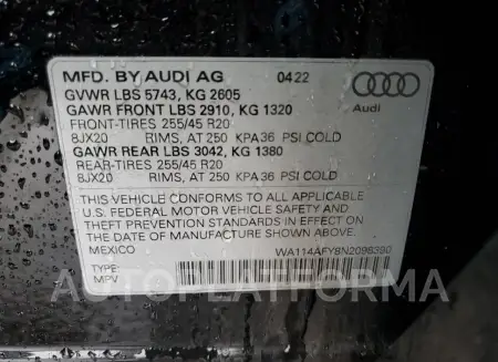 AUDI SQ5 SPORTB 2022 vin WA114AFY8N2098390 from auto auction Copart