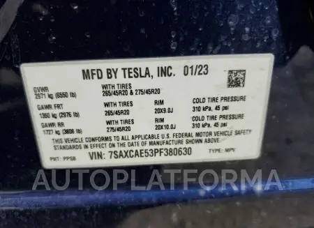 TESLA MODEL X 2023 vin 7SAXCAE53PF380630 from auto auction Copart