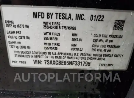 TESLA MODEL X 2022 vin 7SAXCBE65NF331795 from auto auction Copart