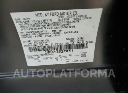 FORD FLEX SEL 2019 vin 2FMGK5C85KBA31216 from auto auction Copart