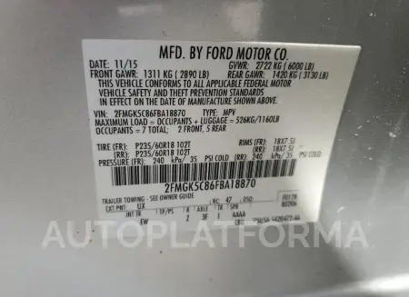 FORD FLEX SEL 2015 vin 2FMGK5C86FBA18870 from auto auction Copart