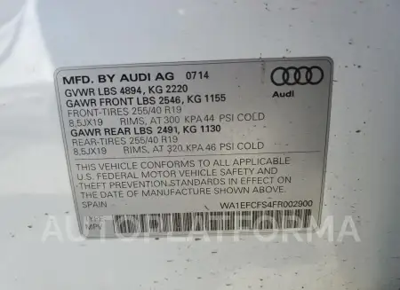 AUDI Q3 PREMIUM 2015 vin WA1EFCFS4FR002900 from auto auction Copart