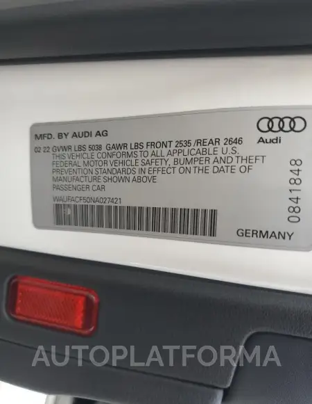 AUDI A5 PREMIUM 2022 vin WAUFACF50NA027421 from auto auction Copart