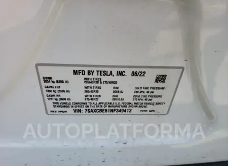 TESLA MODEL X 2022 vin 7SAXCBE51NF349413 from auto auction Copart